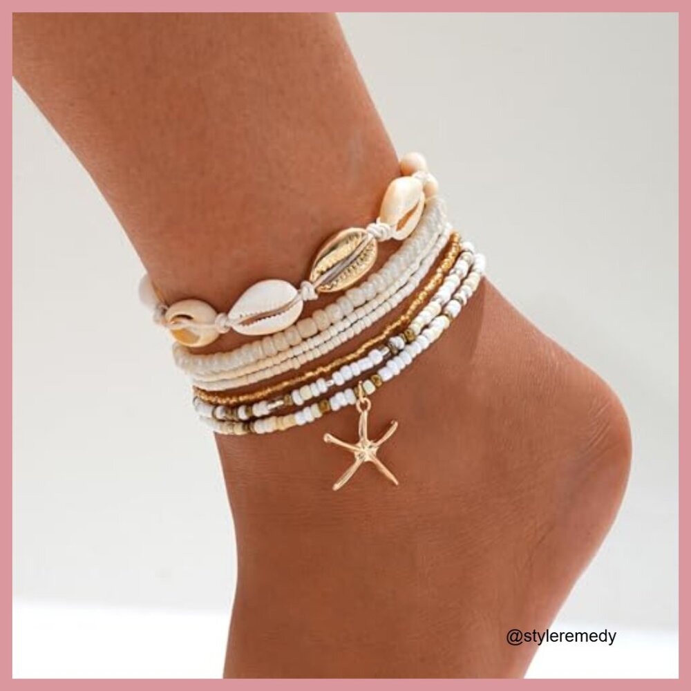 Gold Plated Adjustable Anklet With Shell Beads, B… - image 3